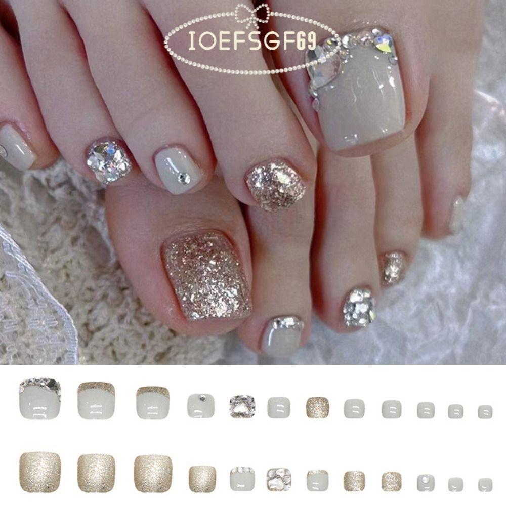 IOEFSGF69 24 ชิ้น Gold Girls Full Cover Short Toe Nails Shining Crystal