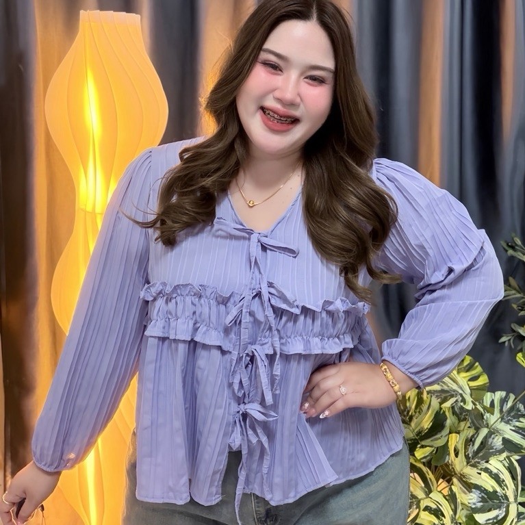 เสื้อสาวอวบ พลัสไซส์ (รุ่น ง65) Layer Blouse เสื้อเลเยอร์ ผูกโบว์ แขนยาว พรางพุง ใส่สบาย ลุคหวานเกาหลี