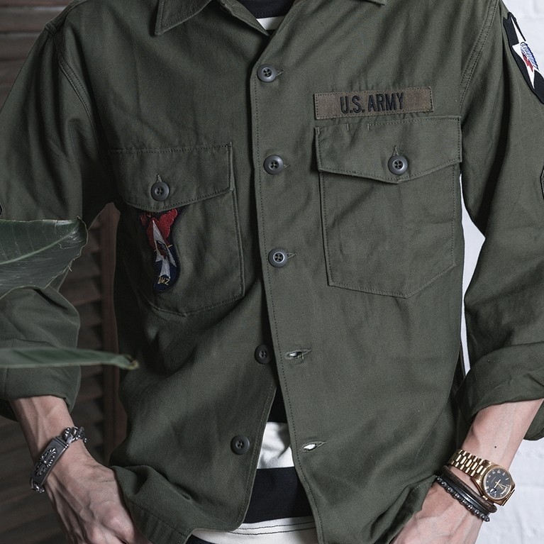NON STOCK OG-107 Retro สไตล์ทหารเสื้อแขนยาว US.ARMY ซาตินหนาเสื้อผู้ชายผู้หญิง