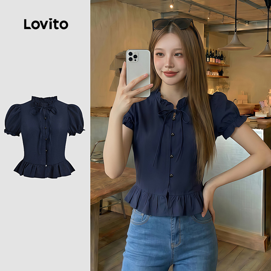 Lovito เสื้อเชิ้ตผู้หญิงสไตล์เพรปปี้ แต่งขอบหยักกระดุมหน้า สําหรับฤดูใบไม้ผลิ/ฤดูร้อน สีฟ้า L185AD111
