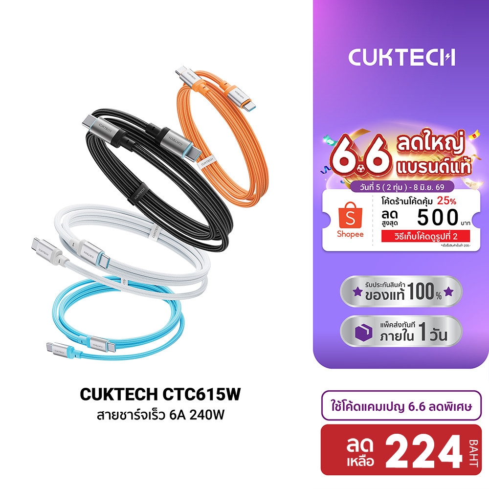 [ลดเหลือ 224] CUKTECH CTC615W 6A 240W สายชาร์จเร็ว USB-C ความยาว 1.5 เมตร รองรับการชาร์จ PD3.1 สำหรับ iPhone 17 -2Y