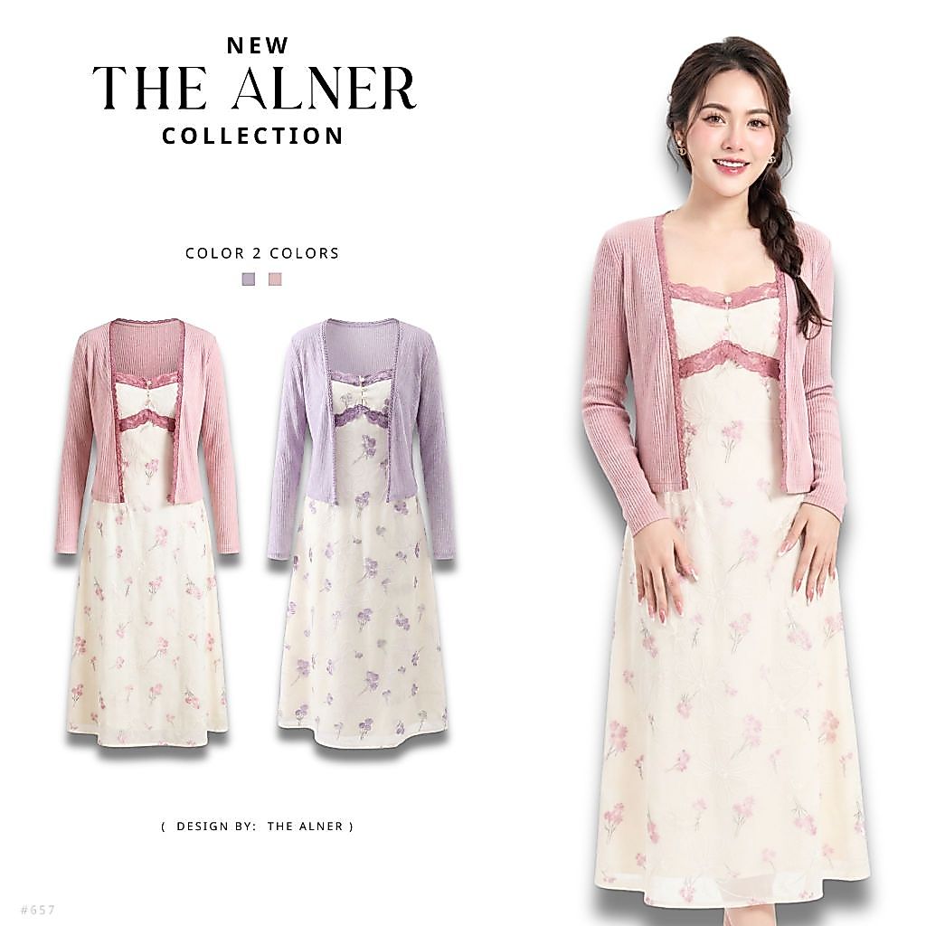 Thealner-AN657 (เดรสสายเดี่ยวปักดอกไม้+เสื้อคลุม)