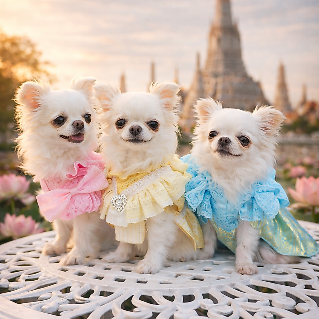 ชุดไทยสำหรับสัตว์เลี้ยง (น้องหมา-น้องแมว) ผลิตจากผ้าลูกไม้พรีเมี่ยมสีหวาน ผ้าลายไทย สินค้าพร้อมส่งจากไทย