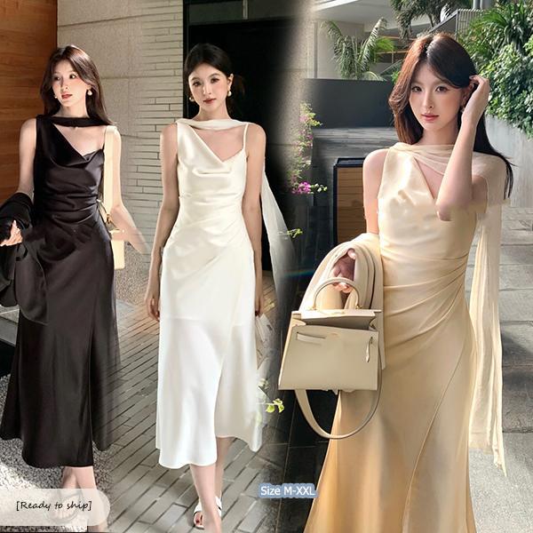 mimi-เดรสสายเดี่ยวยาวสำหรับผู้หญิง ดีไซน์สายริบบิ้นพลิ้วไหว เซ็กซี่ แฟชั่นและสง่างาม มันช่วยเน้นสัดส่วนของร่างกาย#99436