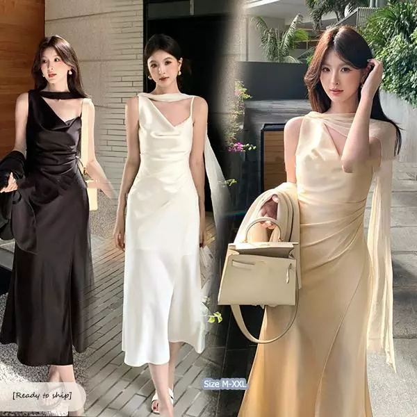 mimi-เดรสสายเดี่ยวยาวสำหรับผู้หญิง ดีไซน์สายริบบิ้นพลิ้วไหว เซ็กซี่ แฟชั่นและสง่างาม มันช่วยเน้นสัดส่วนของร่างกาย#99436