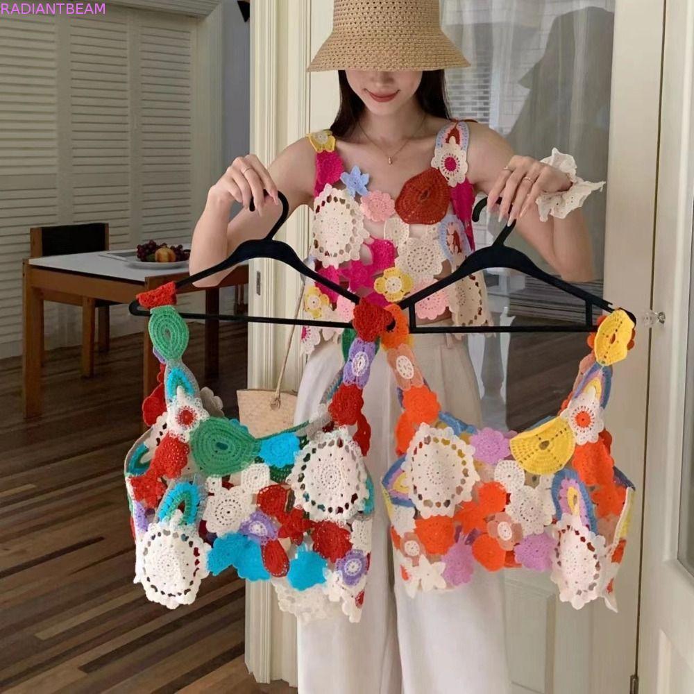 RADIANTBEAM ถัก Crop Top,แขนกุด Patchwork ถักดอกไม้ Camisole,Breathable สีสันชายหาดสวมใส่เสื้อกั๊ก T