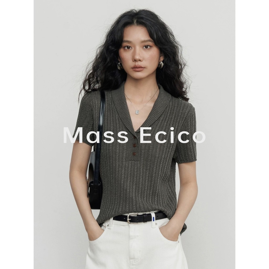 Mass Ecico Old Money Style Tencel Linen Grey เสื้อสเวตเตอร์คอวีแขนสั้นผู้หญิงเสื้อยืดพรีเมี่ยมด้านบน