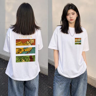 (ผ้าฝ้าย 100%)Luvoro oversize unisex เนื้อผ้านุ่มระบายแขนสั้น T-shirt สีดำและสีขาว เสื้อยืดทูโทน เสื้อยืดแขนสั้น C1584