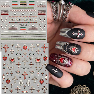 HAMA Y2K โลหะ 3D สติ๊กเกอร์ติดเล็บ Gothic Silver Cross Heart Star Line Design Nail Art Decals Self-Adhesive DIY ตกแต่งเล็บ