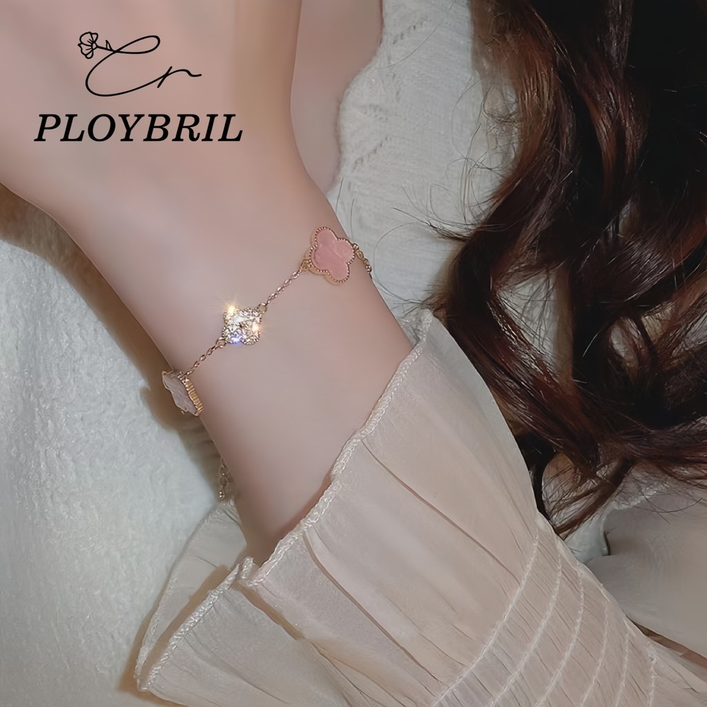 PLOYBRIL สร้อยข้อมือ ประดับเพทาย รูปใบโคลเวอร์สี่แฉก สวยหรู เหมาะกับของขวัญวันเกิด สไตล์เกาหลี สําหรับผู้หญิง S042