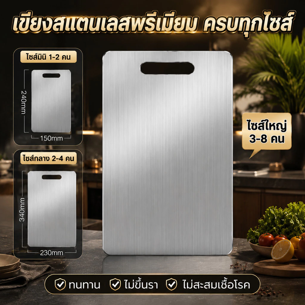 เขียงสแตนเลสแท้ เกรดพรีเมียม แข็งแรงทนทาน ไม่ขึ้นรา ไม่สะสมเชื้อโรค มีให้เลือก 3 ขนาด ใช้งานง่าย