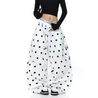 อเมริกัน Polka Dot Cherry พิมพ์สีชมพู Paratrooper กางเกงผู้หญิงกางเกงขากว้างหลวมผู้ชาย