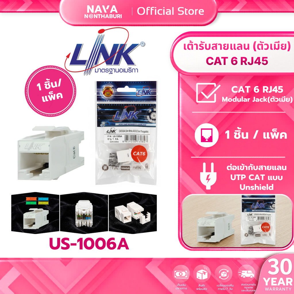 LINK US-1006A ตัวเมีย CAT6 RJ45 CAT6 RJ45 SIIM WHITE JACK COLOR CHAHGEABLE