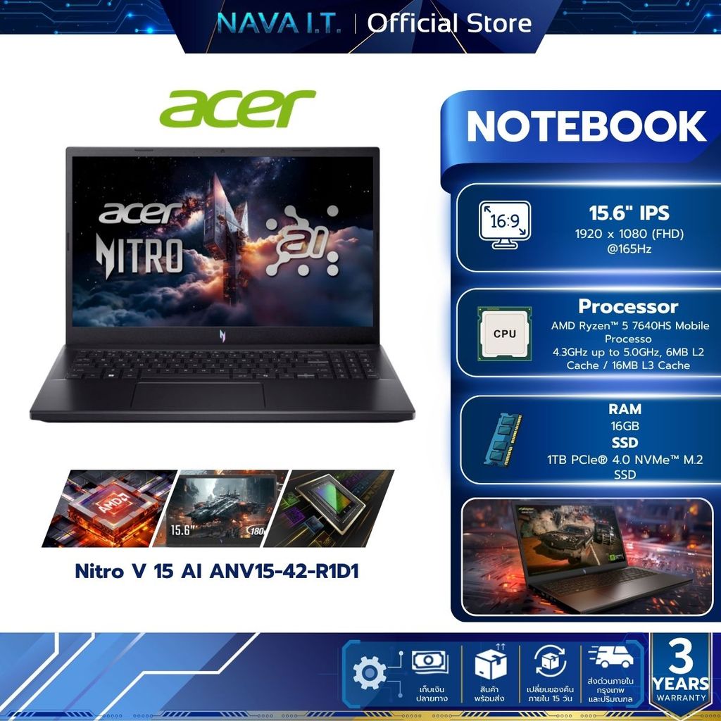 ACER notebook (โน้ตบุ๊ค)  NITRO V 15 AI ANV15-42-R1D1 (OBSIDIAN BLACK)
