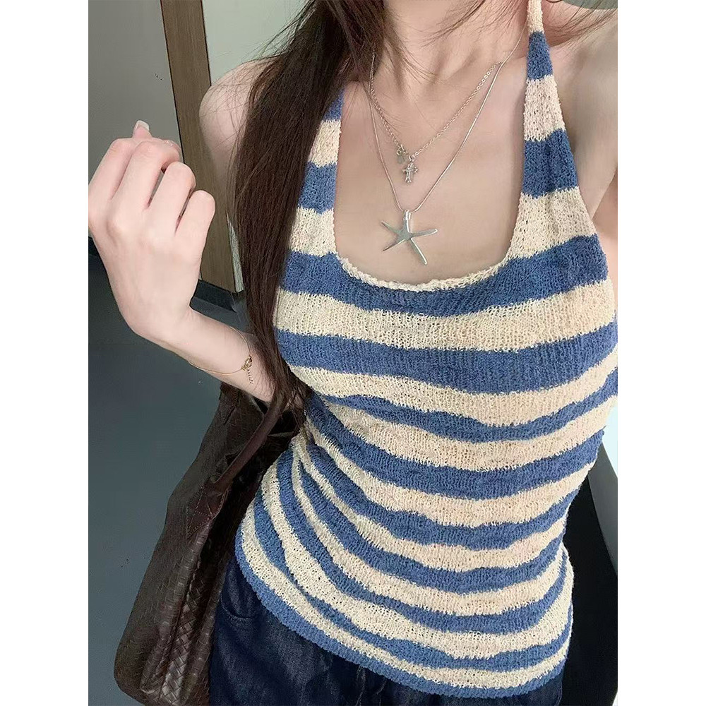 <Moss Queen> เสื้อกล้ามถักลายทางคอผูกด้านหลังแบบเปิดหลัง