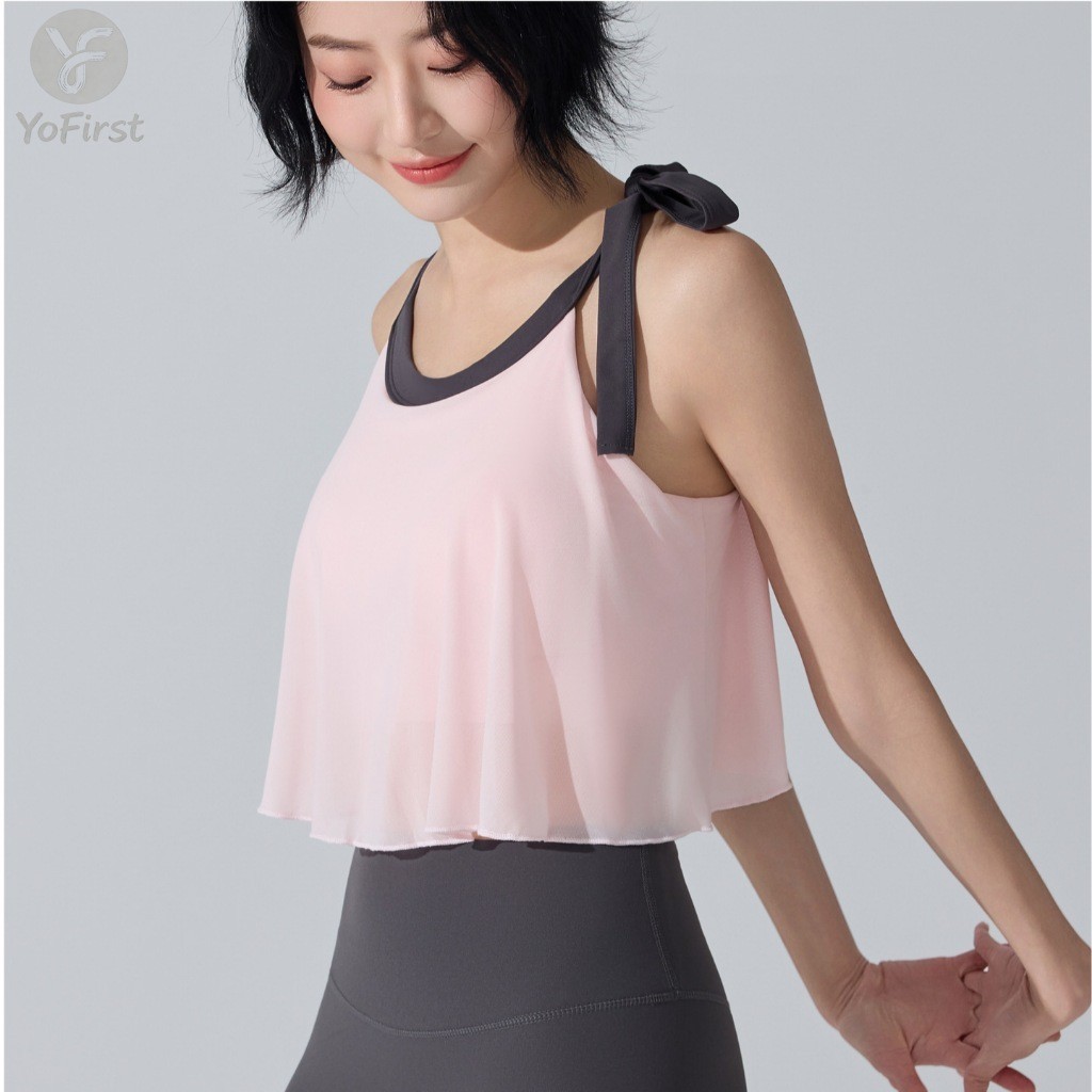 YoFirst ผู้หญิงโยคะ Camisole เสื้อกั๊กตาข่ายเย็บ Ruffles ยืดหยุ่นสูง Quick-Drying กีฬาฟิตเนสเต้นรําพิลาทิส Bra คงที่ Pad