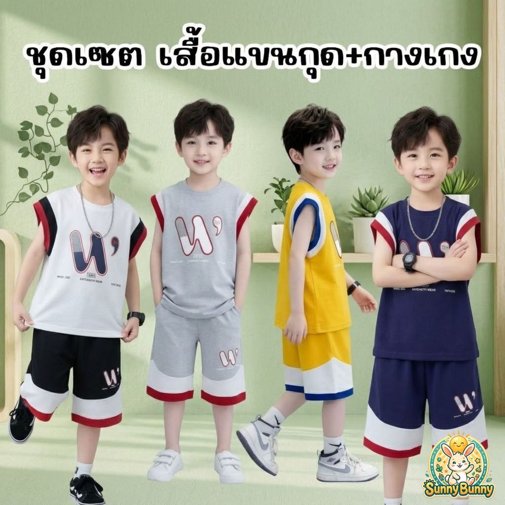 sunny bunny เซ็ตแขนกุด สกรีนตัว2 สี เสื้อแขนสั้น กางเกงขาสั้น   เซท 2 ชิ้น   ใส่เที่ยวเท่ห์ๆ ด้วยชุดเซท เนื้อผ้านุ่ม