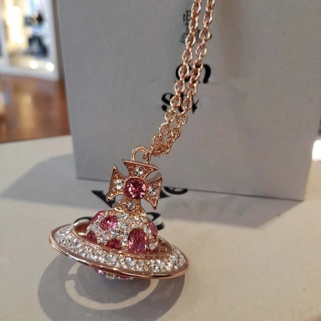 VW Rose gold zircon สร้อยคอดาวเสาร์สามมิติอัญมณีรูปไข่ผิดปกติสร้อยคอดาวเคราะห์