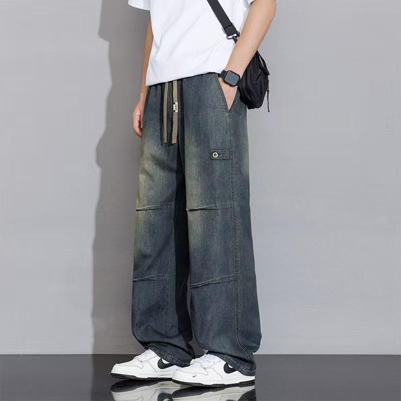 MNO.9 Cargo Jeans T93 กางเกงยีนส์ คาร์โก้ แต่งเฟด ขายาวชาย เอวยางยืด มีสายผูก กางเกงยีนส์ชาย Clothing ผู้ชาย Man