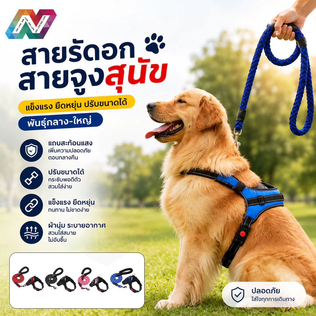 New Life สายรัดสัตว์เลี้ยง มีแถบสะท้อนแสง สายรัดอก สายจูงสุนัข พันธุ์กลาง-ใหญ่ ปรับขนาดได้ แข็งแรงยืดหยุ่น