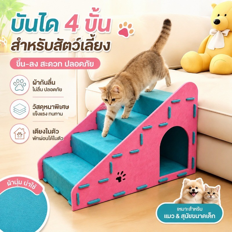 บันไดลูกสุนัข บันไดขึ้นลงสัตว์เลี้ยง 4 ชั้น พรมผ้ากันลื่น อัพเกรดหนานุ่ม ที่นอนแมวในตัว ทนทาน สำหรับแมวและสุนัขเล็ก