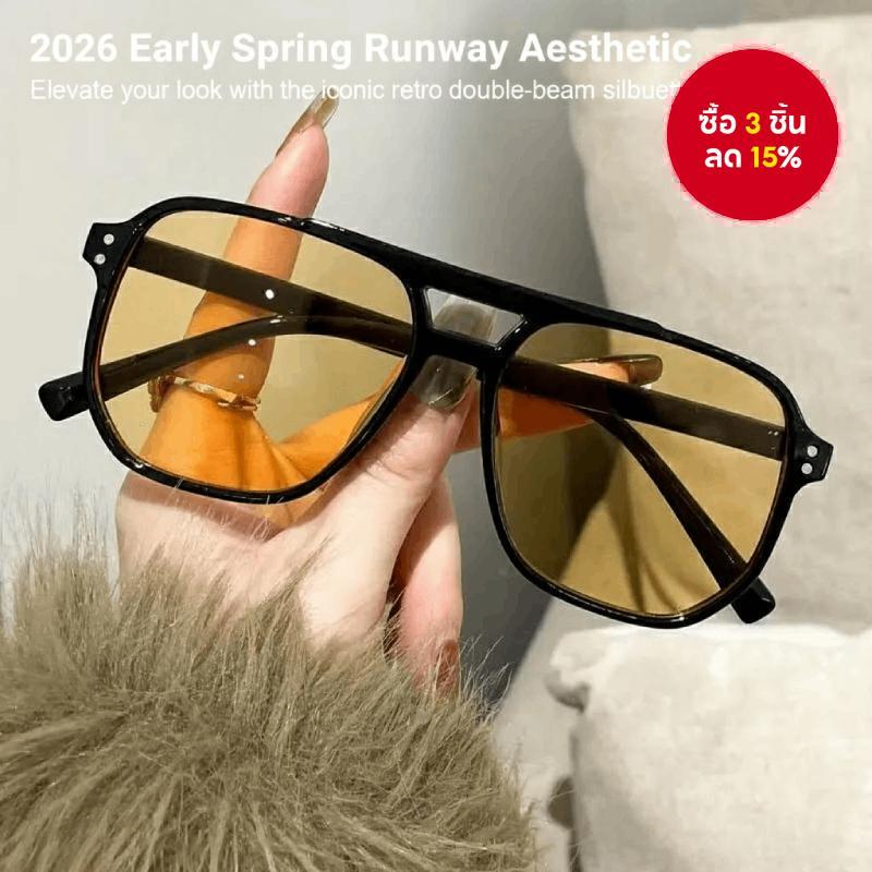 Retro Double Beam แว่นตากันแดดกรอบใหญ่ UV Protection Ocean เลนส์ชาดํา/สีดําสีเหลืองสําหรับฤดูหนาว Sun Aesthetic 2026 Early Spring รันเวย์