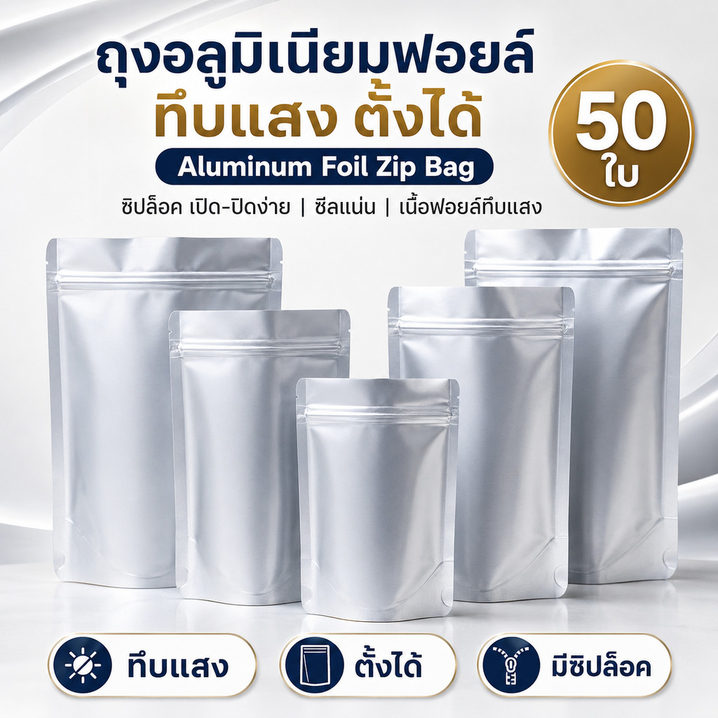 ถุงอลูมิเนียมฟอยล์ ทึบแสง ตั้งได้ ขอบโค้ง ติดซิป (50 ใบ) Aluminum Foil Zip bag
