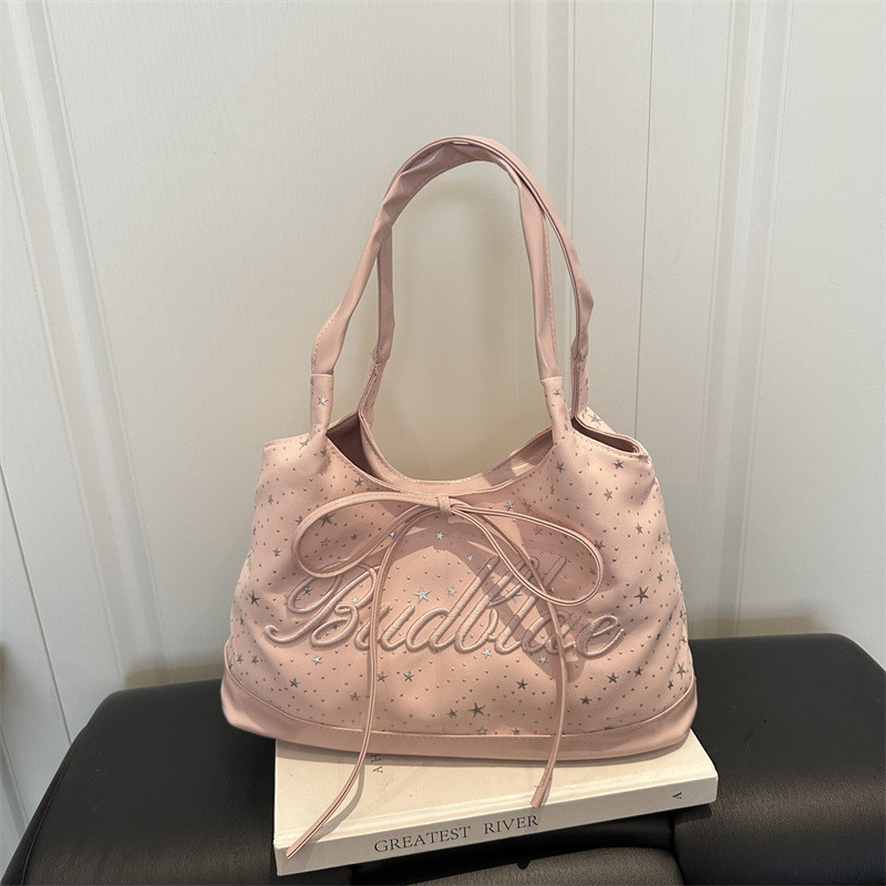สไตล์สาวหวาน Star เย็บปักถักร้อย Tote กระเป๋าสาวหัวใจโบว์แม่เหล็กหัวเข็มขัดไหล่กระเป๋า Commuter Casual All-Match กระเป๋าใต้วงแขน