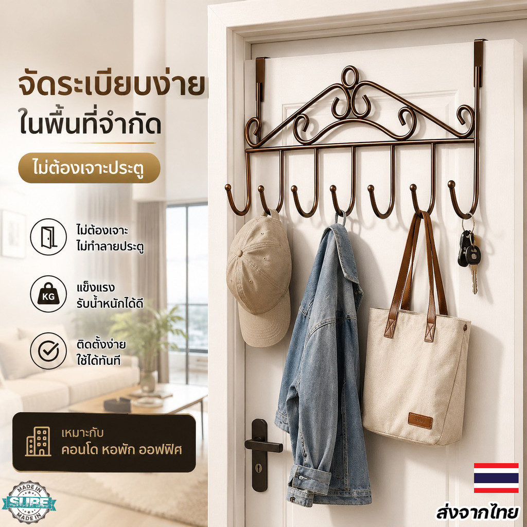 ตะขอแขวนประตูอเนกประสงค์ สแตนเลสกันสนิม ดีไซน์สวย แขวนผ้า กระเป๋า กุญแจ หมวก ประหยัดพื้นที่