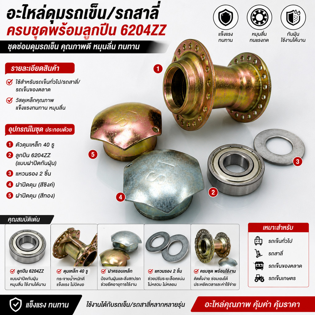 อะไหล่ดุมรถเข็น/รถสาลี่ครบชุดพร้อมลูกปืน6204ZZแหวนรอง2ชิ้นฝาปิดซิงค์และฝาปิดทอง