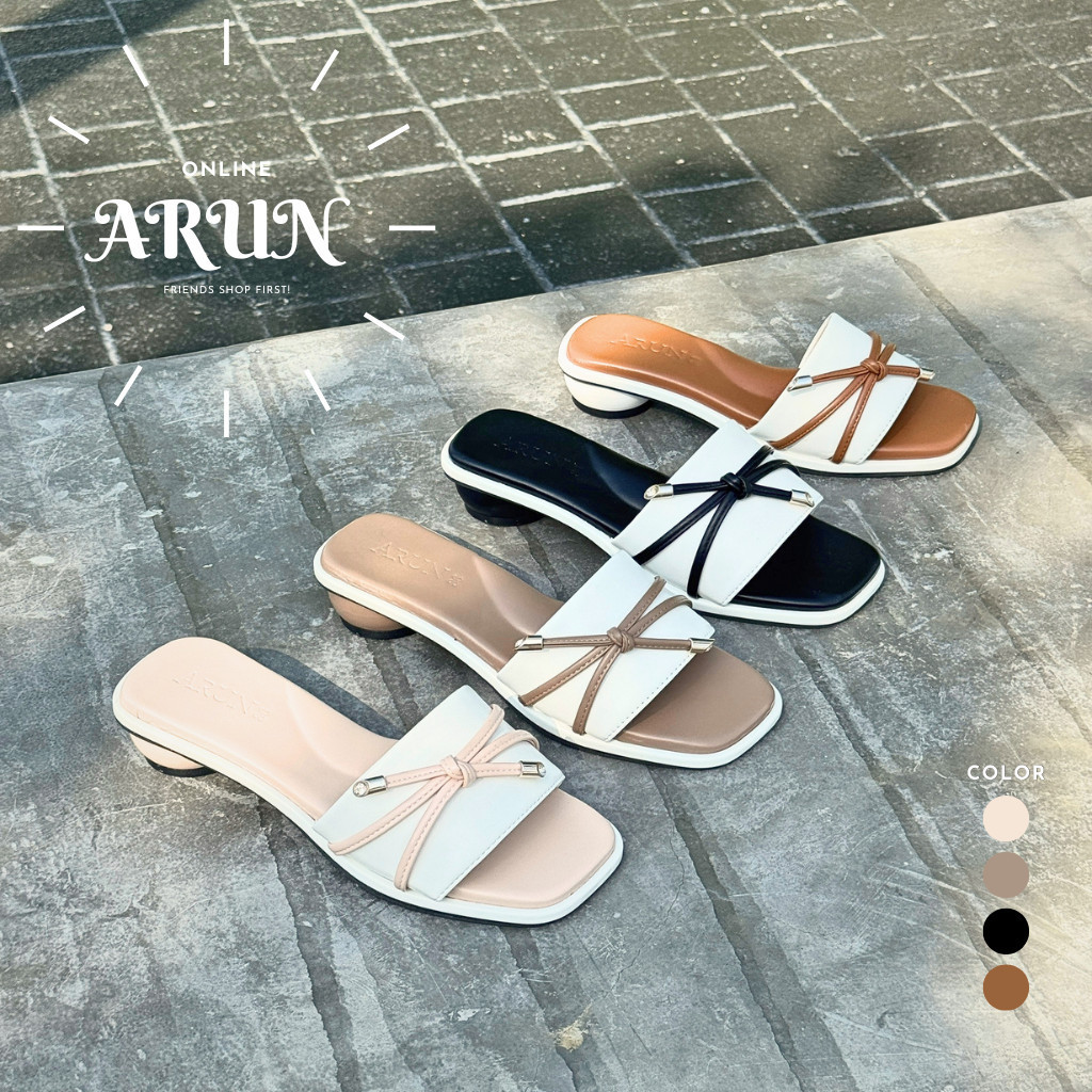 รองเท้าแฟชั่นแบรนด์ ARUN รุ่น AR2037 คาดหน้าสลับสีแต่งโบว์เชือกปลายเหล็กหรู