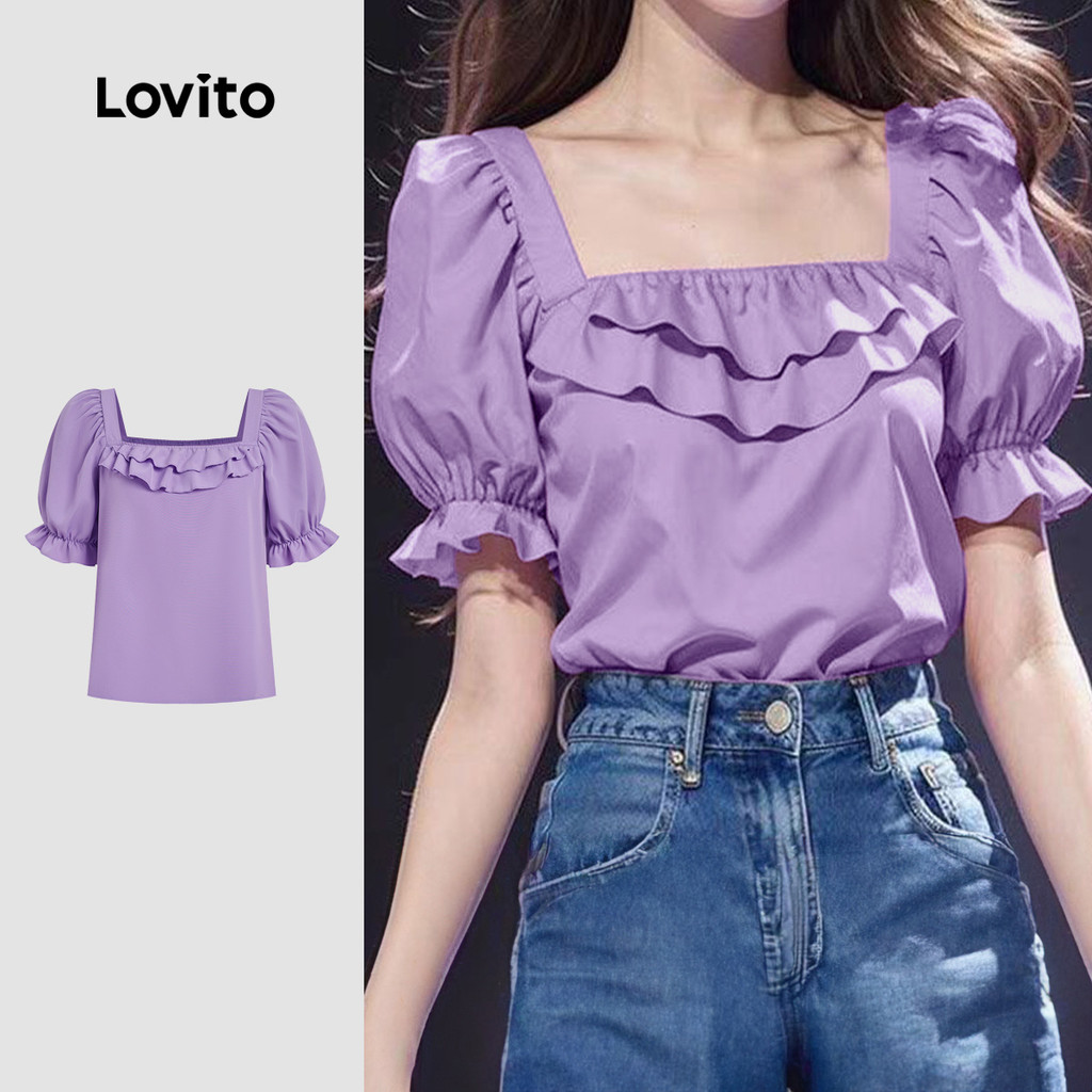 Lovito เสื้อเบลาส์สีม่วงสําหรับฤดูใบไม้ผลิและฤดูร้อนของผู้หญิง สไตล์คลาสสิกและหลากหลาย ตกแต่งระบาย LK4LD2792