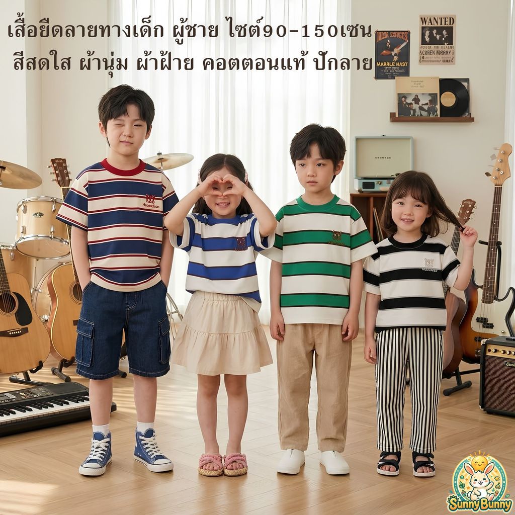 sunny_bunny เสื้อยืดลายทางเด็ก ผู้ชาย ไซต์90-150เซน สีสดใส ผ้านุ่ม ผ้าฝ้าย คอตตอนแท้ ปักลาย