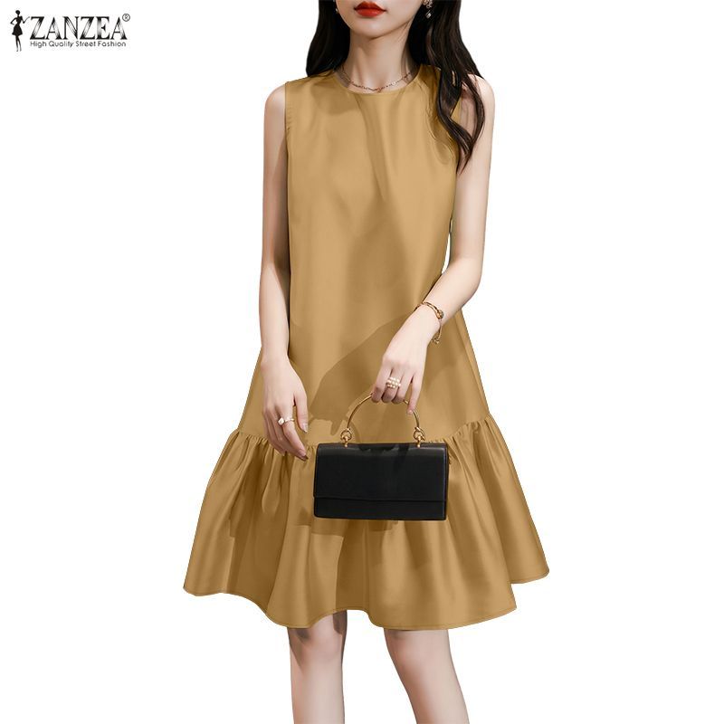 ZANZEA ซานเซีย ผู้หญิงวันหยุดเกาหลีรอบคอแขนกุดสีทึบหลวมจีบชุด — صورة 4