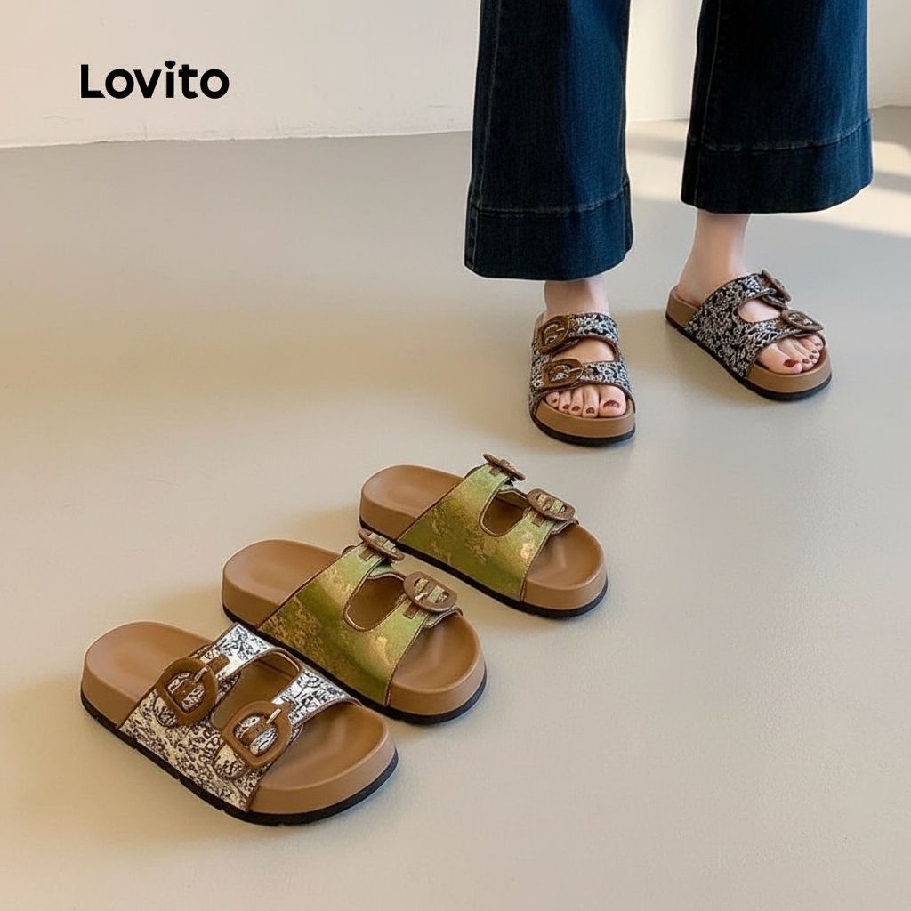 Lovito รองเท้าส้นแบนผู้หญิง สไตล์ลําลอง ติดกระดุมคู่ LFA103166