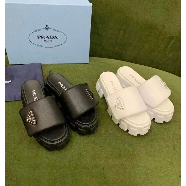 Prada Prada รองเท้าผู้หญิง 2023ss สไตล์ล่าสุด PsFlops สุภาพสตรีนุ่มมัฟฟินหนาSoled Velcro ขนมปังรองเท