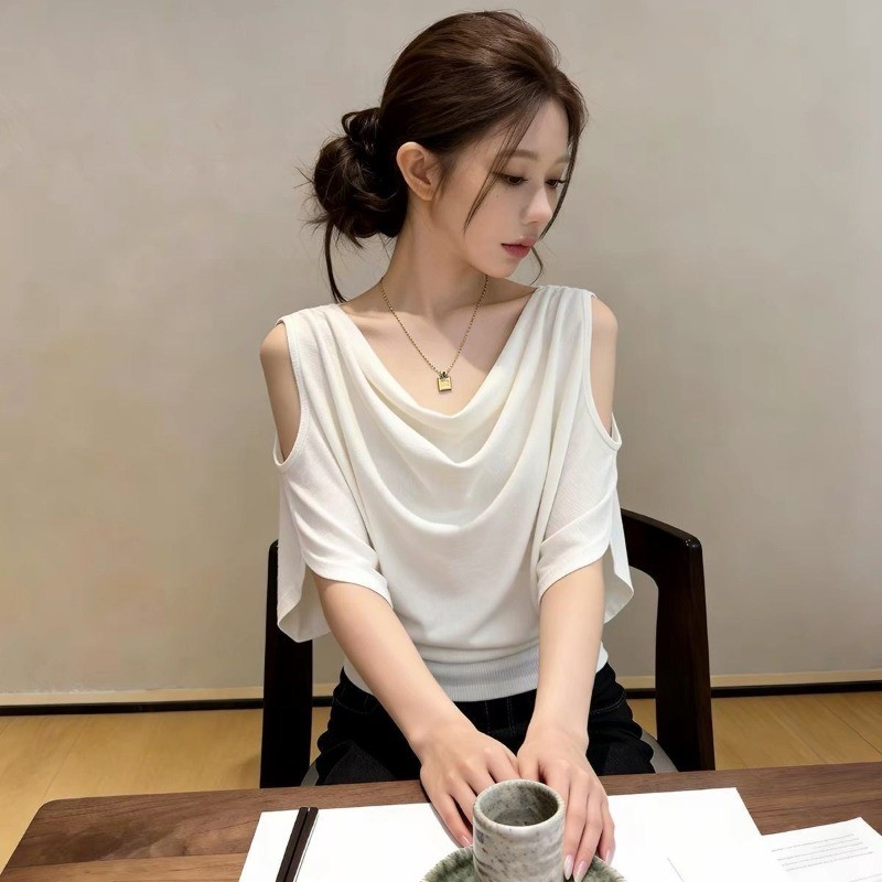 เวอร์ชั่นเกาหลีของฤดูร้อนใหม่แฟชั่นคอปกแขนสั้นเสื้อยืดสําหรับผู้หญิงหลวมสบายๆด้านบน