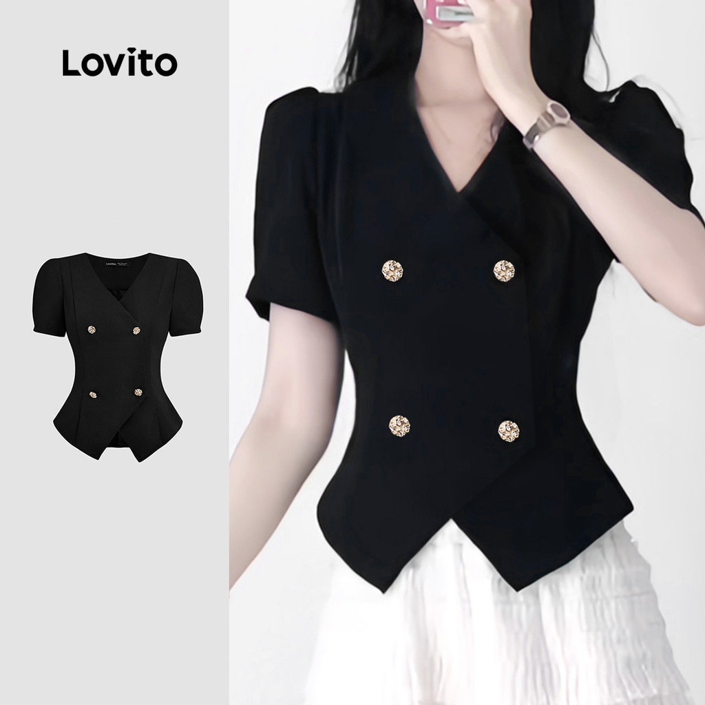 Lovito เสื้อเชิ้ตทรงสวยเก๋ติดกระดุมไม่สมมาตรสีดำสำหรับผู้หญิงในฤดูใบไม้ผลิ/ฤดูร้อน LB135ED416