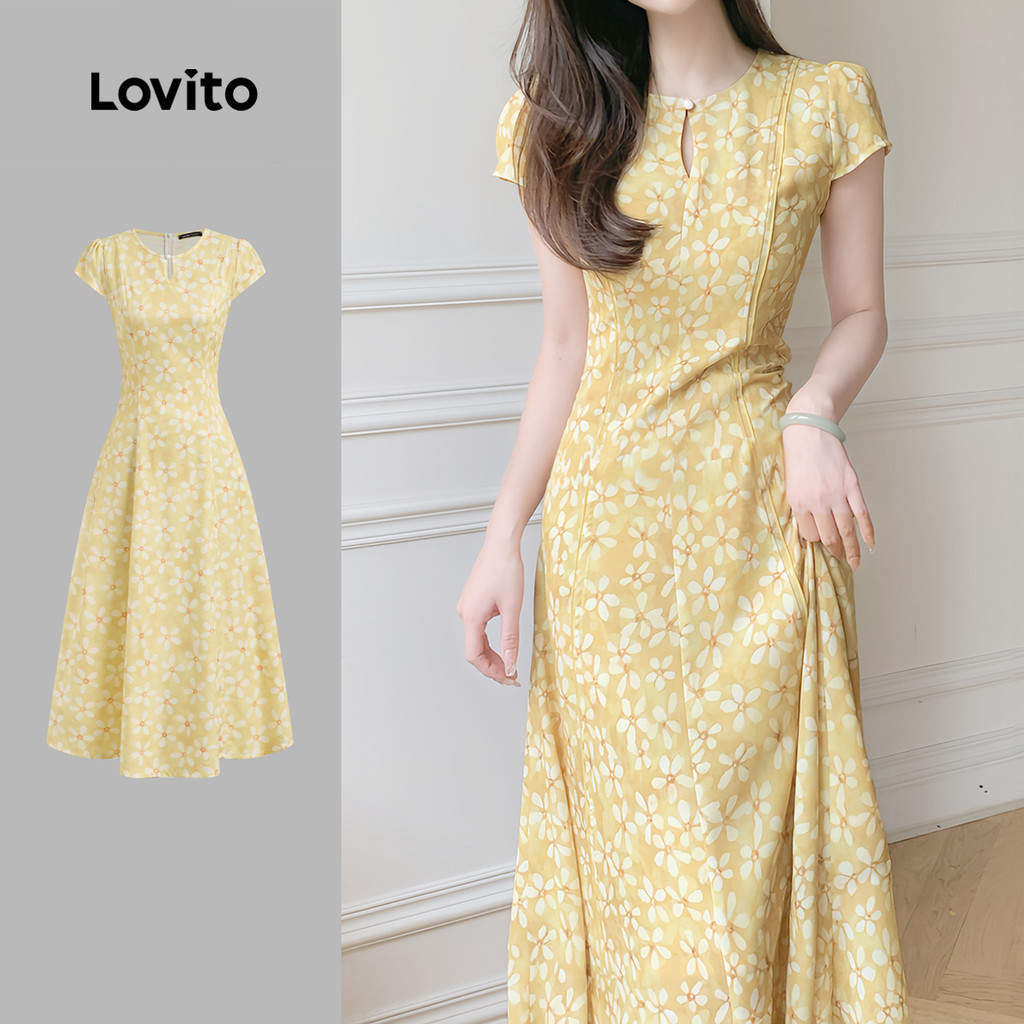 (New) Lovito เดรสโบโฮ ผ้าพริทท์สำหรับฤดูใบไม้ผลิ/ฤดูร้อน สีเหลือง สำหรับผู้หญิง L142ED048