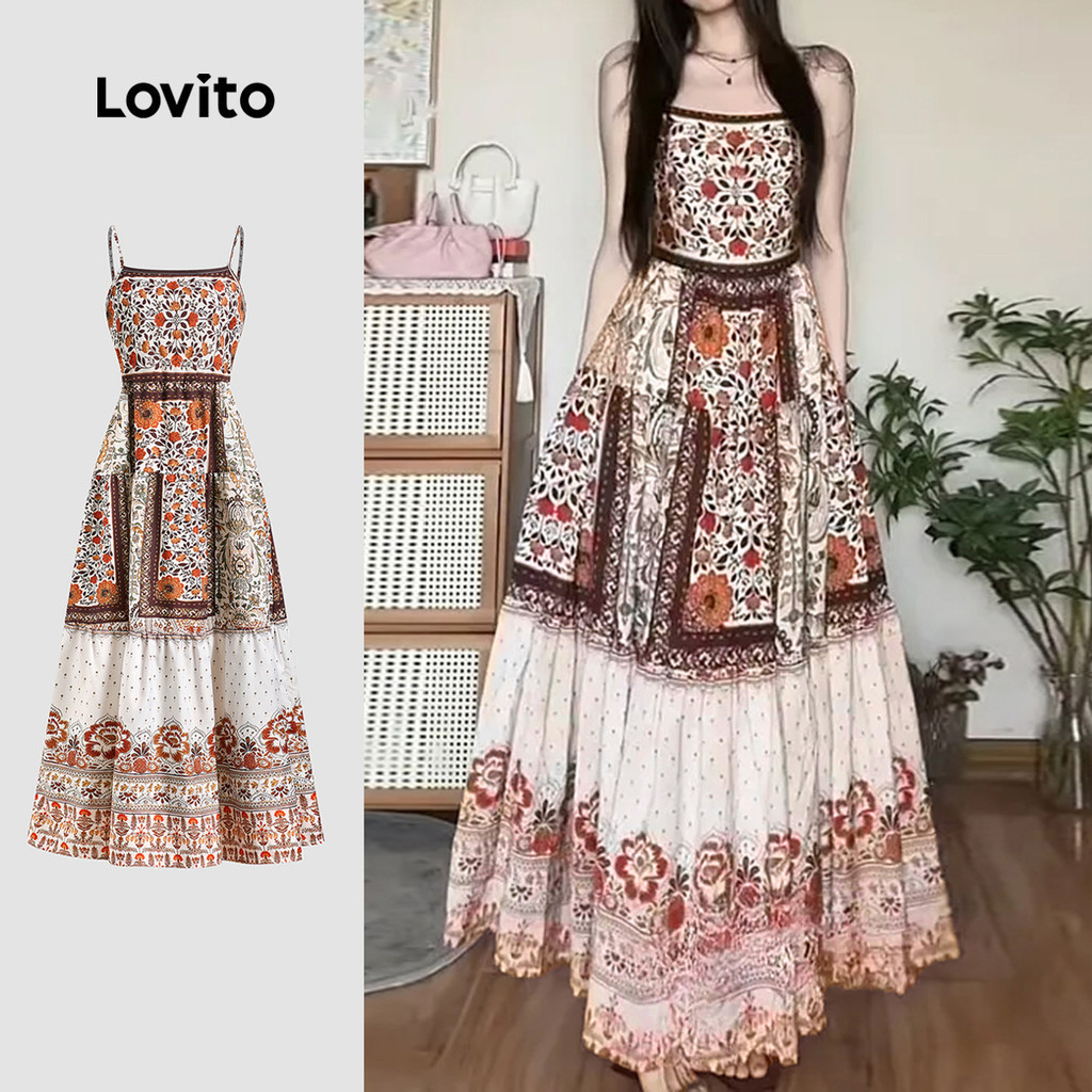 Lovito Boho เดรสโบฮ่องผ้าพื้นเส้นโครงสร้าง พื้นฤดูใบไม้ผลิ/ฤดูร้อน สำหรับผู้หญิง L138ED154