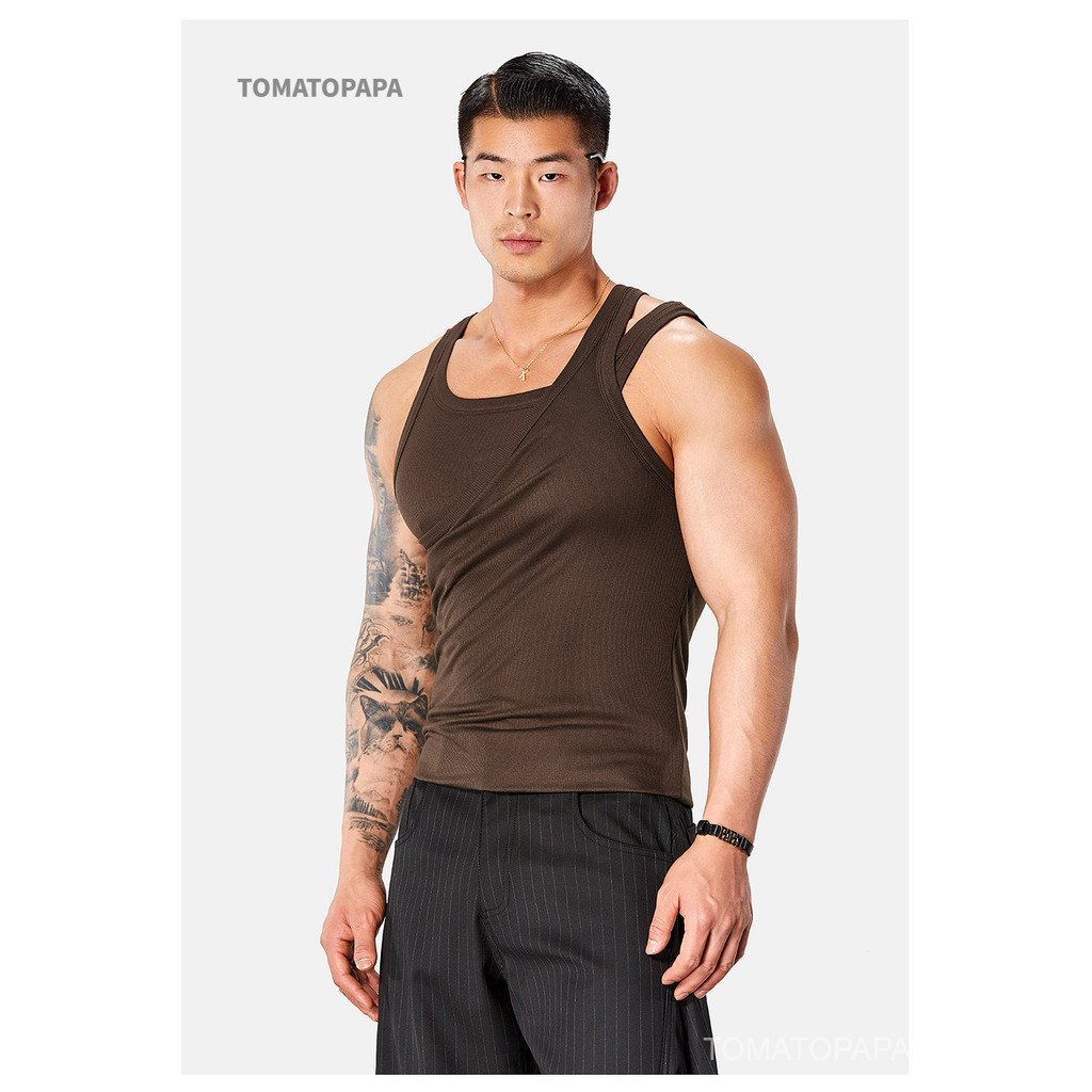 TOMATOPAPA Mens High-Elastic Design Fashion Vest-Double Layered Fitness Sports Showing Body Double-Shoulder Strap Sweat Vest