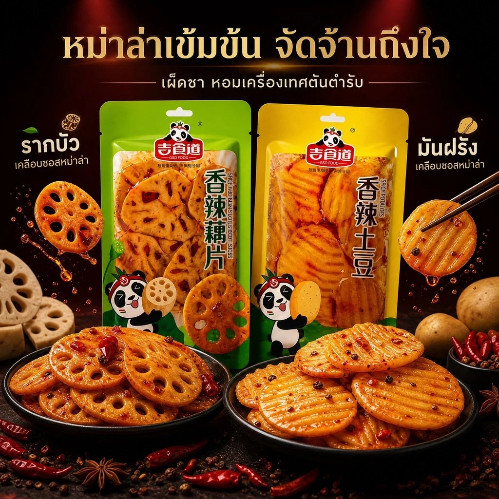 รากบัวและมันฝรั่งเคลือบหม่าล่า ความอร่อยที่แตกต่าง2 รูปแบบ ขนาด 70 กรัม รสหม่าล่าเข้มข้น เผ็ดละมุน กินเล่นเพลินทั้งวัน ️
