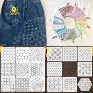 [mozh-t] Patchwork Sashiko เย็บปักถักร้อยลายฉลุชุดนํากลับมาใช้ใหม่ผ้านวมแม่แบบชุดสําหรับ DIY หัตถกรรมเย็บตกแต่งโครงการ