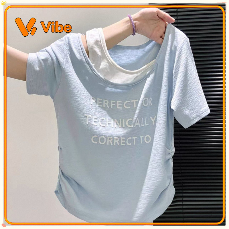 ใส่ในสต็อกมาใหม่ผู้หญิงที่สง่างามปลอมสองชิ้นปิดไหล่แขนสั้นเสื้อยืดสลิมฟิตทําให้แบนขึ้นเสื้อฤดูร้อนที่ระ