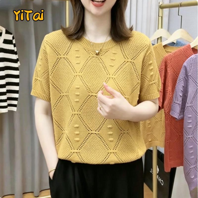 เสื้อไหมพรมคอกลมผู้หญิงฤดูร้อนน้ําหนักเบาระบายอากาศสีทึบแขนสั้นด้านบน
