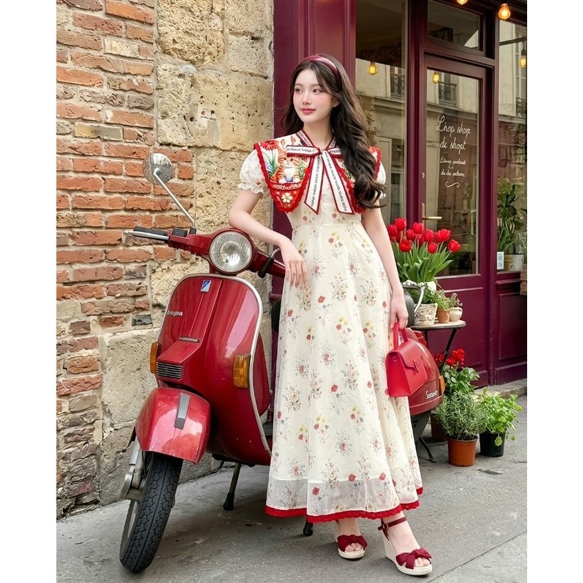 (มี3XL) สีขาวครีม Poppy Pop Dress เดรสยาวผ้าชีฟอง texture ปกแหลมพิมพ์ลาย ผูกโบว์หน้า แขนสั้น ซิปหลัง มีซับใน