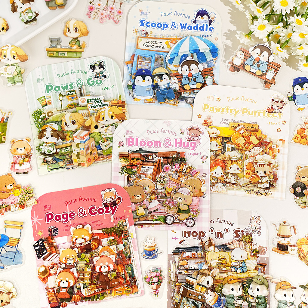 P PET Sticker Pack Cute Claw Street Series Animal Theme Handbook วัสดุ DIY สติ๊กเกอร์ตกแต่ง 15 แผ่นใน 6 รูปแบบ