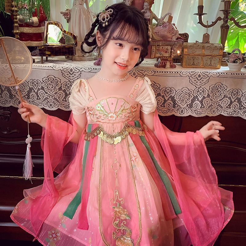 【ks1115.th】 汉服女童夏季新款古风超仙中国古装连衣裙儿童女孩唐装新中 【0607YtF1Ij77E】