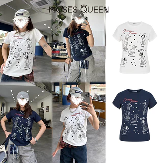 MOSESQUEEN เสื้อยืดแขนสั้นพิมพ์ลายสุนัขลายจุดดั้งเดิมอเมริกันสําหรับผู้หญิงฤดูร้อนเสื้อคอกลมสไตล์ใหม่ #63682