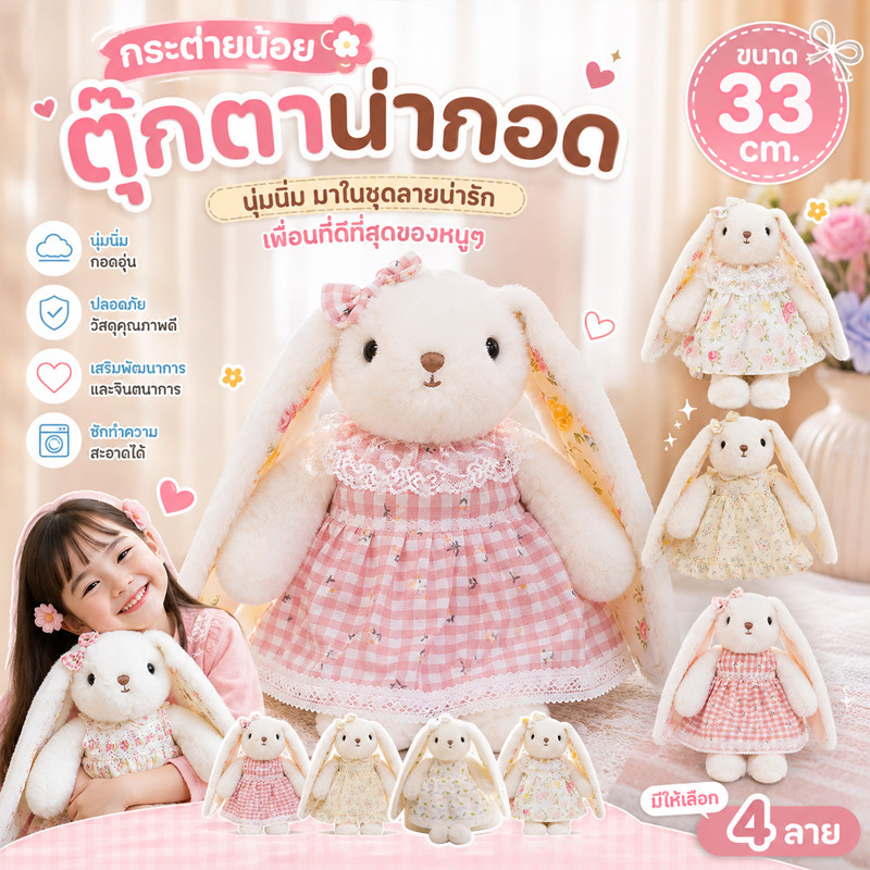 33cm ตุ๊กตากระต่ายหูยาวน่ารัก ตุ๊กตากระต่าย สวมชุดกระโปรงลายดอกไม้สุดน่ารัก ของเล่นตุ๊กตา
